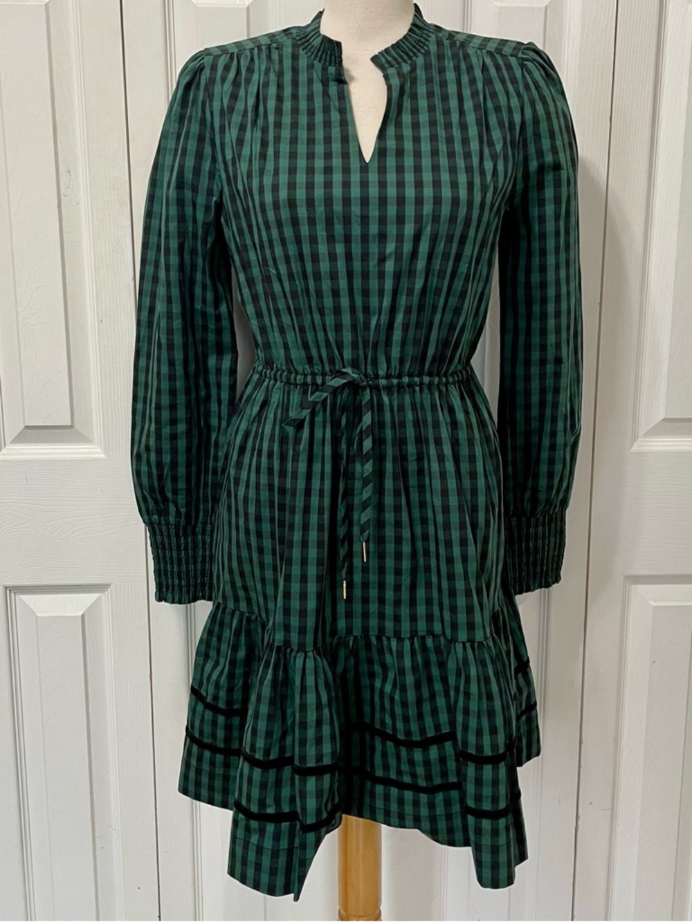 Draper James Green and Black Gingham Long Sleeve Tie-Waist Dress
